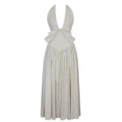 Miss Circle New York Women's Talise Lemon Yellow Cotton Poplin Stripe Plunging Halter Maxi Dress