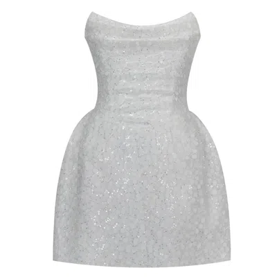 Miss Circle New York Women's Tressa White Beaded Mesh Strapless Mini Wedding Dress