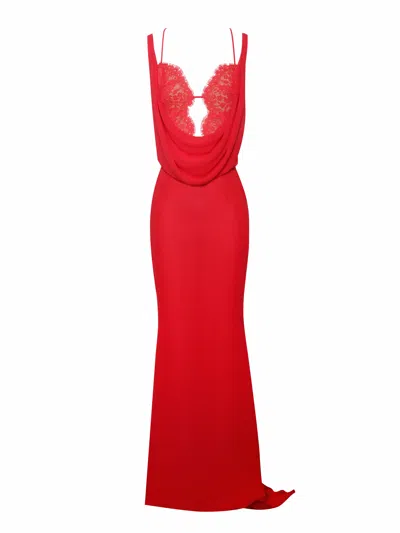 Miss Circle New York Women's Ulanda Red Chiffon Lace Backless Maxi Train Dress