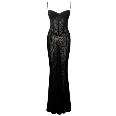 Miss Circle New York Women's Ulani Black Burnout Velvet Detail Mesh Maxi Dress