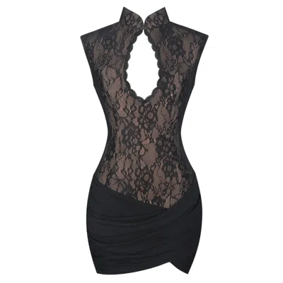 Miss Circle New York Women's Valerie Black Lace Teardrop Neckline Ruched Mini Dress