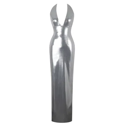 Miss Circle New York Women's Valeska Silver Foil Plunging Sheath Maxi Dress In Animal Print