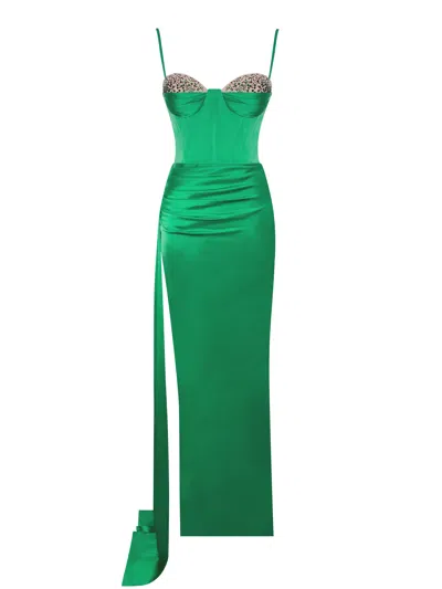 Miss Circle New York Women's Vanity Green Satin High Slit Draping Corset Gown With Crystals