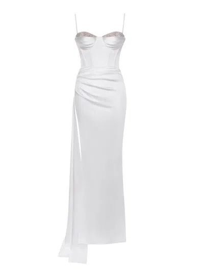 Miss Circle New York Women's Vanity White Satin High Slit Draping Corset Gown With Crystals