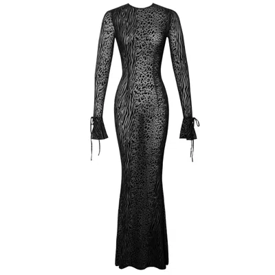 Miss Circle New York Women's Waylynn Black Animal Print Burnout Velvet Detail Mesh Backless Maxi Dress