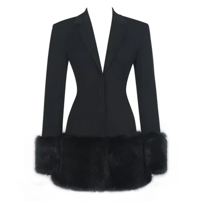 Miss Circle New York Women's Wenona Black Fur Trimmed V-neck Mini Blazer Dress