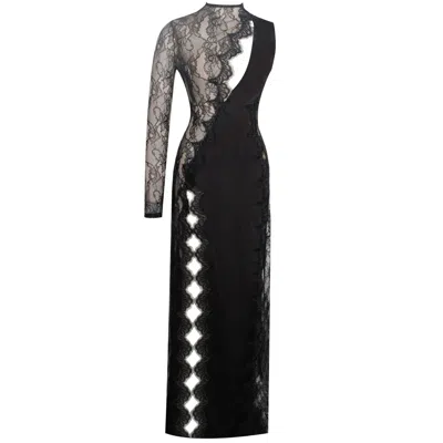 Miss Circle New York Women's Weslyn Black Satin Lace High Slit Dress