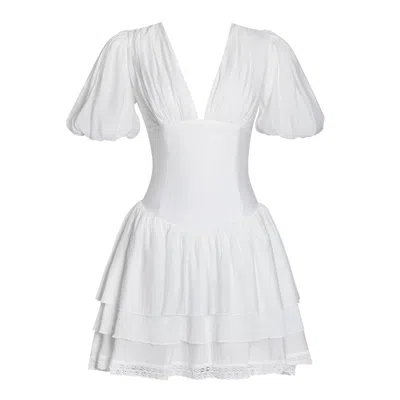 Miss Circle New York Women's White Caitlyn Bubble Sleeve Layered Mini Corset Dress
