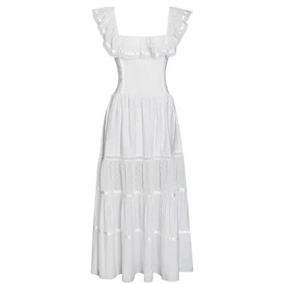 Miss Circle New York Women's White Eden Square Neck Ruffle Trim High Wais Midi Dress