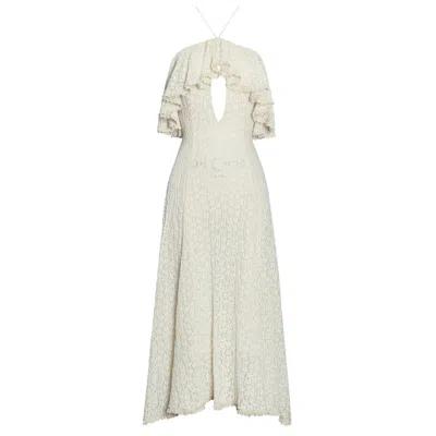 Miss Circle New York Women's White Idra Lace Trim Sleeveless Crochet Midi Trailing Dress