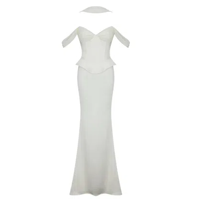 Miss Circle New York Women's White Jessalyn Ivory Sweetheart Peplum Mermaid Wedding Dress With Chiffon Scarf