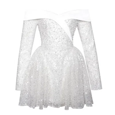 Miss Circle New York Women's White Kira Bead Embroidered Mesh Off Shoulder Long Sleeve Mini Dress