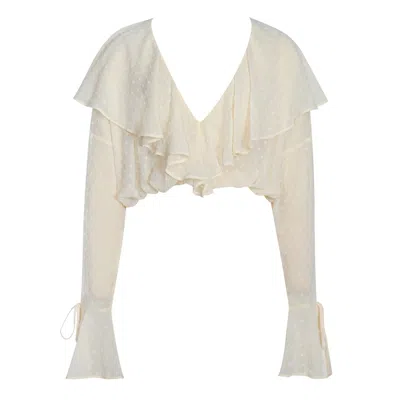 Miss Circle New York Women's White Magali Beige Dotted Mesh Ruffle V Collar Top