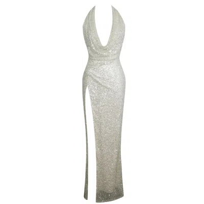 Miss Circle New York Women's White Niamh Golden Beaded Cowl Halter Backless Maxi Dress