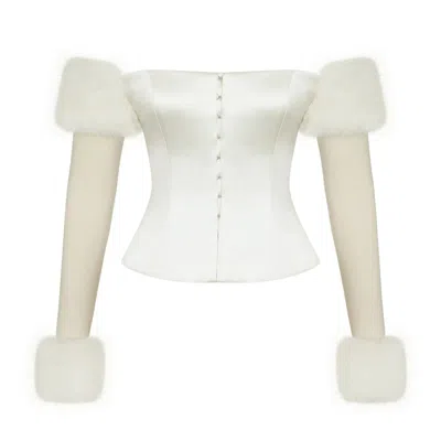 Miss Circle New York Women's White Nola Ivory Off-shoulder Fur Trimmed Top