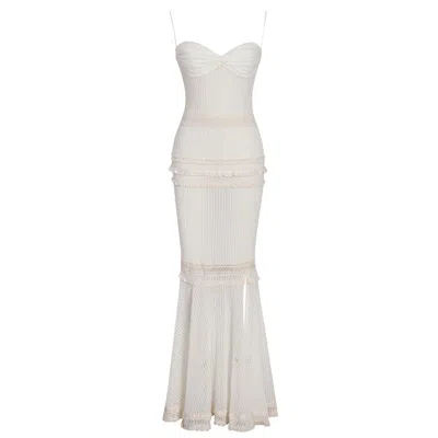 Miss Circle New York Women's White Pallas Beige Lace Trim Crochet Mermaid Maxi Dress