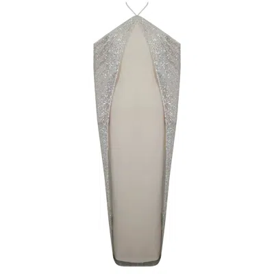 Miss Circle New York Women's White Quimera Almond Beaded Cape Halter Off-shoulder Maxi Gown