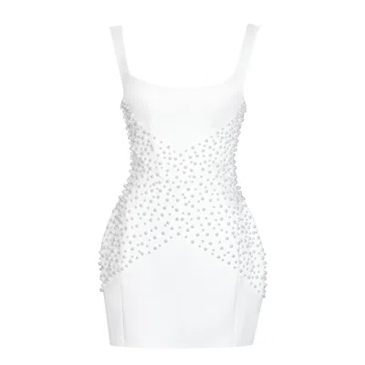 Miss Circle New York Women's White Tais Pearl Beaded Cocoon Shape Sleeveless Mini Dress