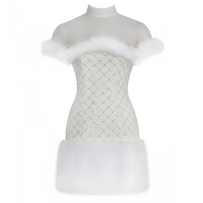 Miss Circle New York Women's White Taylor Ivory Fur Trimmed Beaded Bouclé Mini Dress