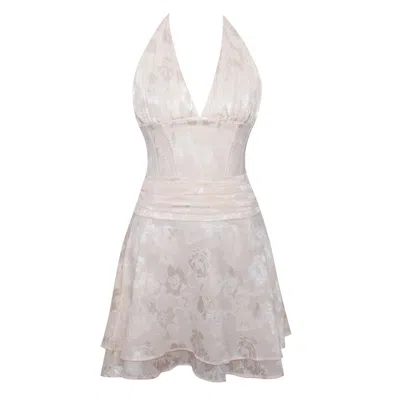 Miss Circle New York Women's White / Yellow / Orange Quintana Jacquard Textured Slit Halter Mini Dress