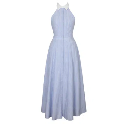 Miss Circle New York Women's Winslet Sky Blue Striped Cotton Poplin Halter Maxi Dress