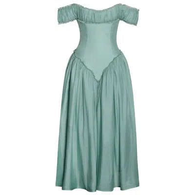 Miss Circle New York Women's Xavy Teal Green Off Shoulder Corset Midi Dress