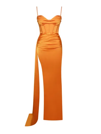 Miss Circle New York Women's Yellow / Orange Elayna Orange Strappy Satin Corset High Slit Gown