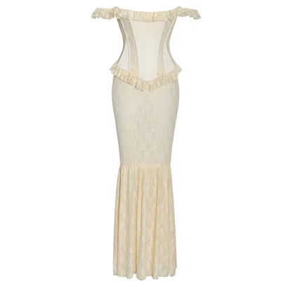Miss Circle New York Women's Yellow / Orange Ersilia Pale Yellow Satin Lace Peplum Corset Off Shoulder Maxi Dress In Yellow/orange