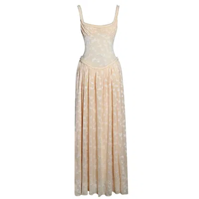 Miss Circle New York Women's Yellow / Orange Ulissa Orange Square Neck Jacquard Textured High Slit Maxi Dress