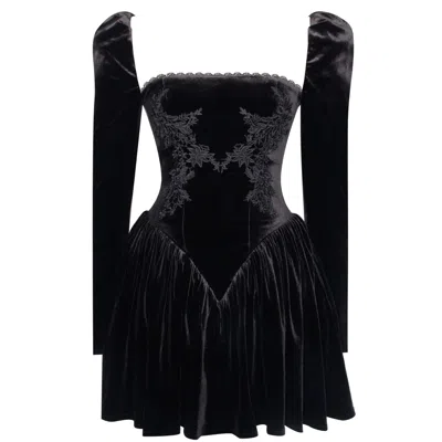 Miss Circle New York Women's Yolanda Black Velvet Long Sleeve Mini Dress With Lace Trim