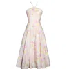Miss Circle New York Women's Zaina Yellow Pink Floral Print Lace Trim Linen Midi Dress In Pink/yellow