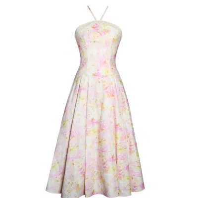 Miss Circle New York Women's Zaina Yellow Pink Floral Print Lace Trim Linen Midi Dress In Pink/yellow