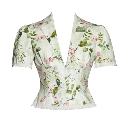 Miss Circle New York Women's Zanella Green Floral Print Lace Trim Linen Top