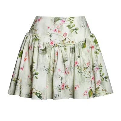 Miss Circle New York Women's Zanelle Green Floral Print Drop Waist Linen Full Skirt