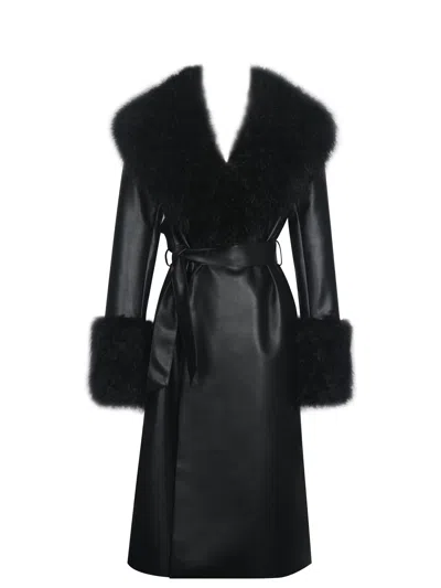 Miss Circle New York Women's Zariah Black Faux Fur Trimmed Longline Coat