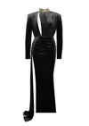 Miss Circle New York Women's Zenaida Black Cutout High Slit Velvet Gown