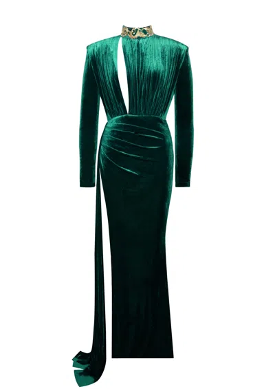 Miss Circle New York Women's Zenaida Emerald Green Cutout High Slit Velvet Gown