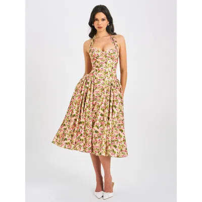 Miss Circle Niya Floral Print Linen Halter Corset Maxi Dress In Brown