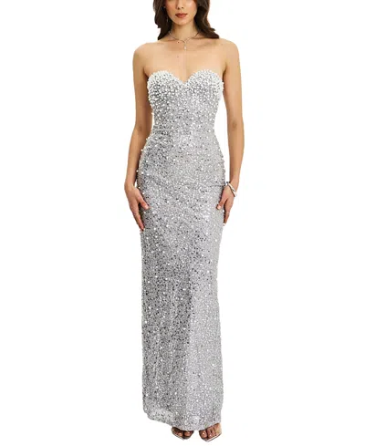 Miss Circle Noelle Sequin Faux Pearl Embellished Maxi Dress In Silver