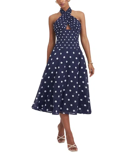 Miss Circle Nuri Polka Dot Ramie Crossover Halter A-line Midi Dress In Multi
