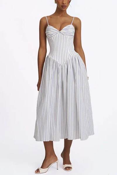 Miss Circle Olea Striped Cotton Poplin Ruched Midi Dress In Sky, Women's At Urban Outfitters In White