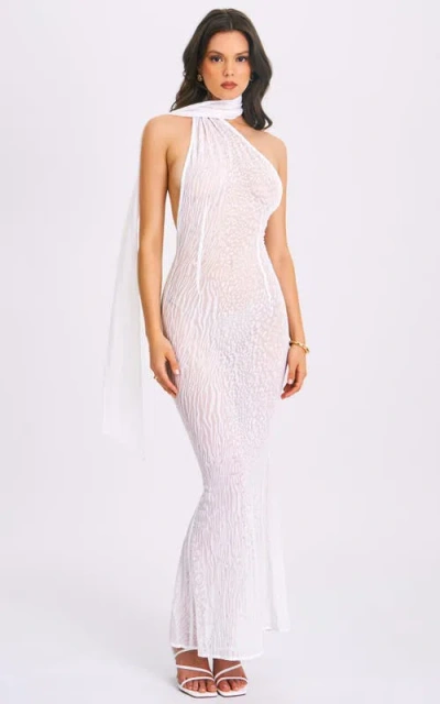Miss Circle Women Olena White Burnout Velvet Animal Print Mesh Halter Neck Maxi Dress