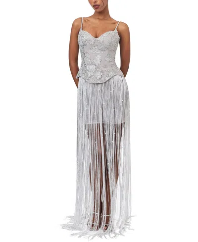 Miss Circle Olisa Beaded Peplum Tassel Maxi Dress In Silver