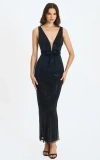 Miss Circle Olympia Belted Bow Plunging Rhinestone Maxi Dress In Black