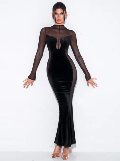 Miss Circle Women Paislee Black Velvet Mesh Long Sleeve Gown