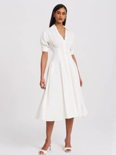 Miss Circle Palina Lyocell Pleated Midi Preppy Shirt Dress In White