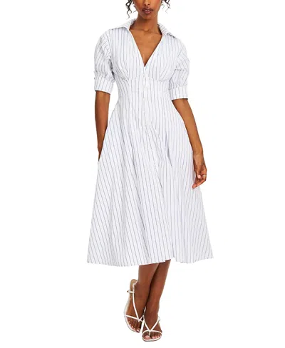 Miss Circle Women Palina Pinstripes Cotton Poplin Pleated Midi Preppy Shirt Dress In White