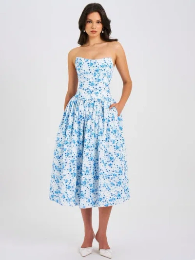Miss Circle Paloma Linen Corset Draping Top Midi Dress In Blue