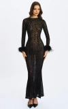 Miss Circle Patricia Faux Fur Sleeve Trim Velvet Mesh Maxi Dress In Black