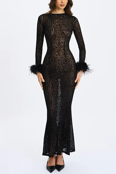 MISS CIRCLE PATRICIA FUR TRIM BURNOUT VELVET MAXI DRESS IN BLACK, WOMEN'S AT URBAN OUTFITTERS